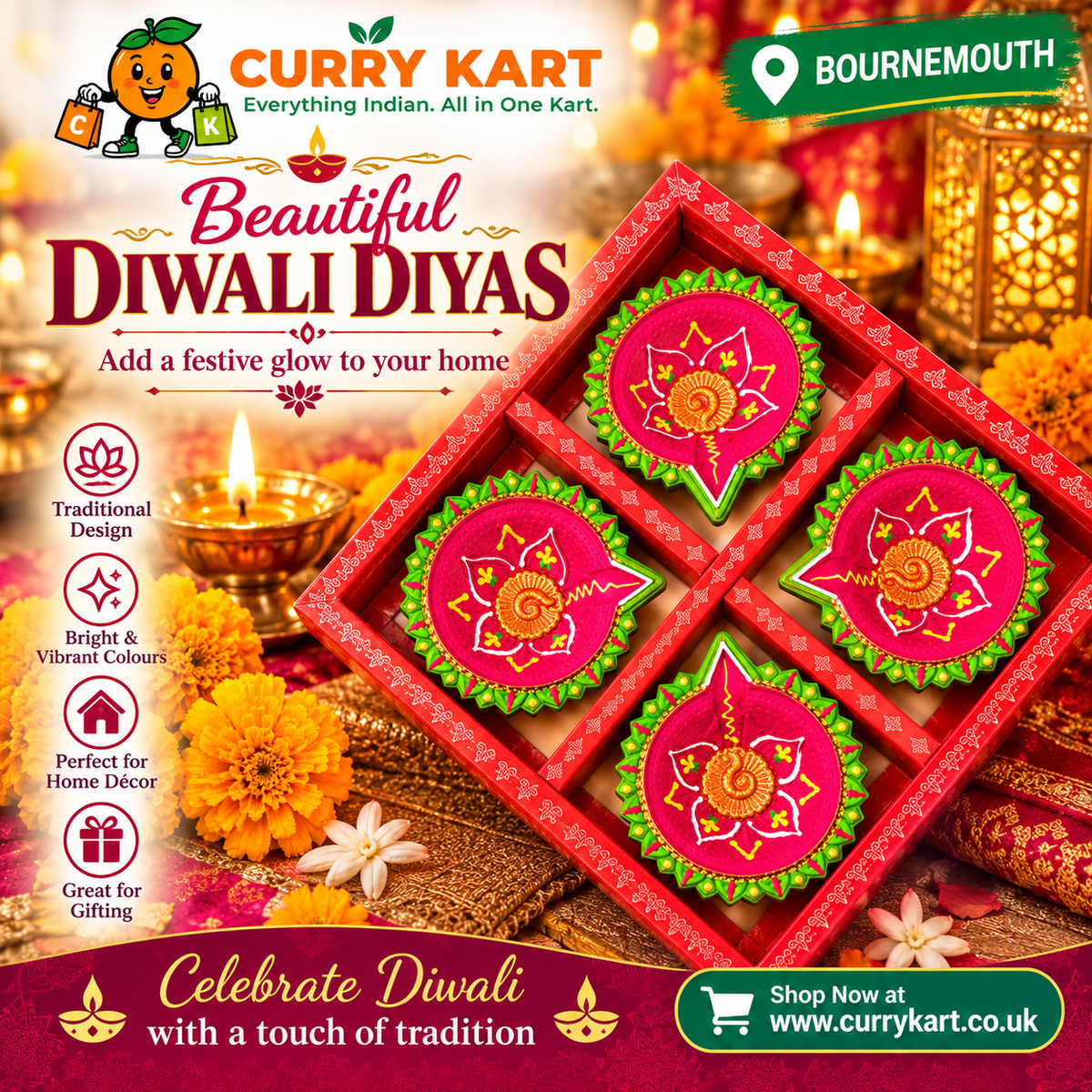Decorative Diwali Diya Gift Set – 4 Pink & Green Floral Diyas in a Gift Box 3