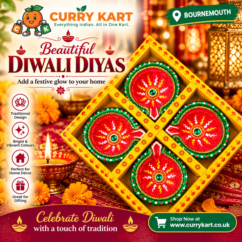Decorative Diwali Diya Gift Set – 4 Red & Green Diyas in a Yellow Gift Box 4