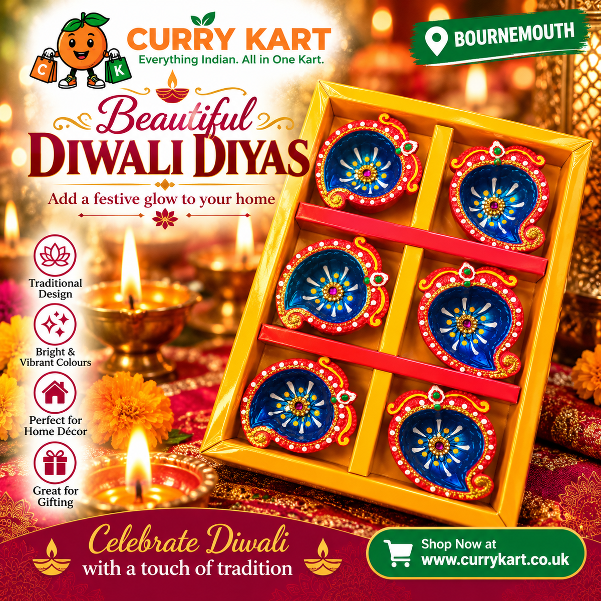 Decorative Diwali Diya Gift Set – 6 Blue & Red Diyas with Gold-Toned Detailing 5