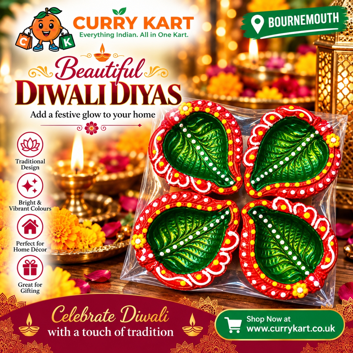 Decorative Diwali Diya Gift Set – 4 Green Leaf Diyas with Red Borders 8