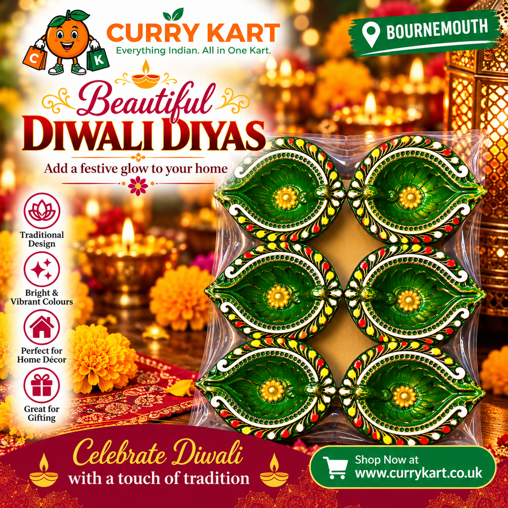 Decorative Diwali Diya Gift Set – 6 Green Diyas with Ornate Multicoloured Borders 9
