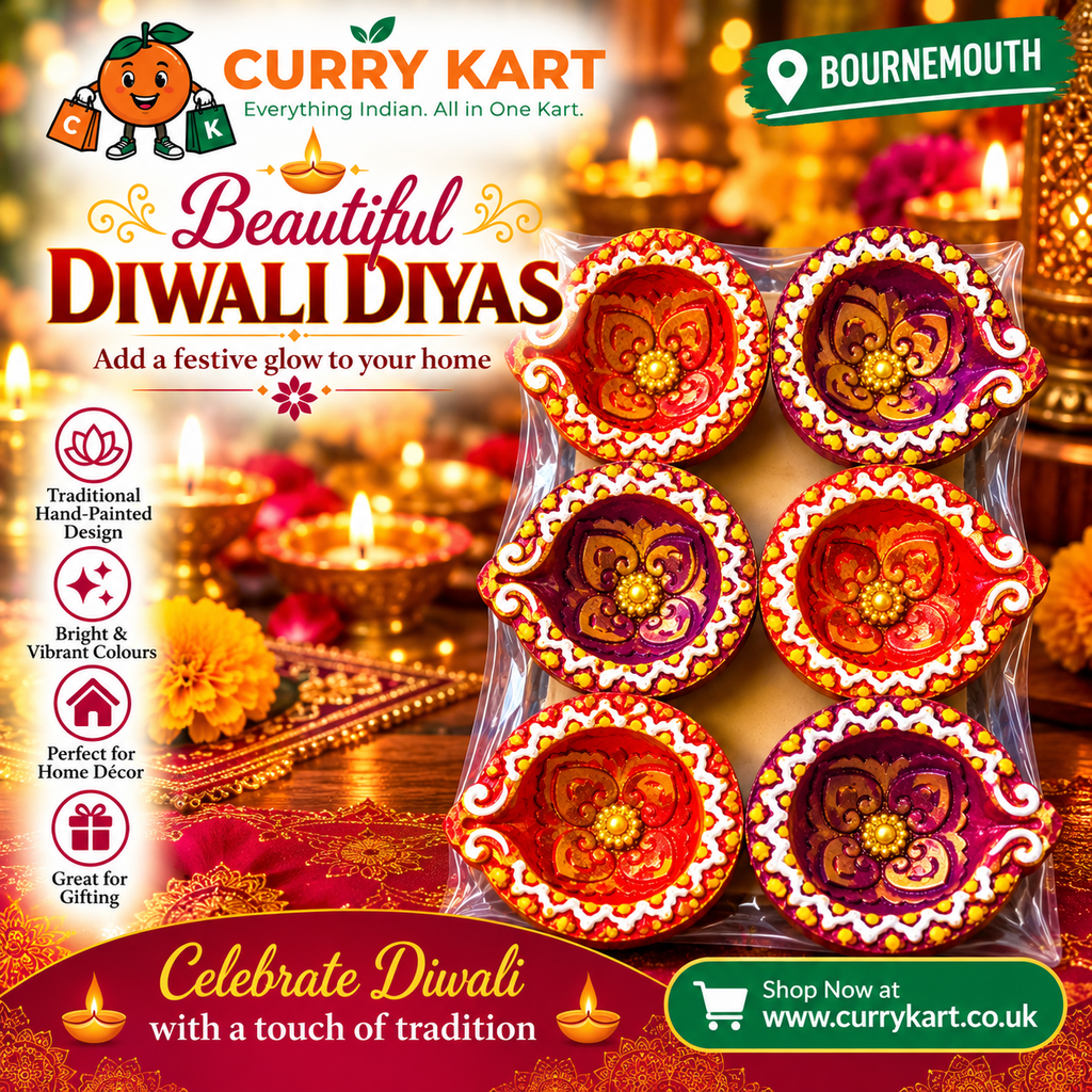 Decorative Diwali Diya Gift Set – 6 Red & Purple Floral Diyas with Gold-Toned Details