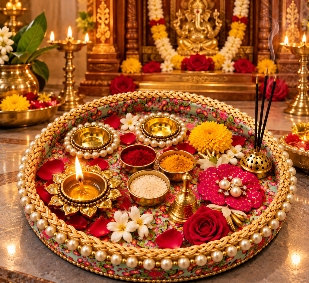 Mint-Green Floral Steel Pooja Thali with 2 Bowls