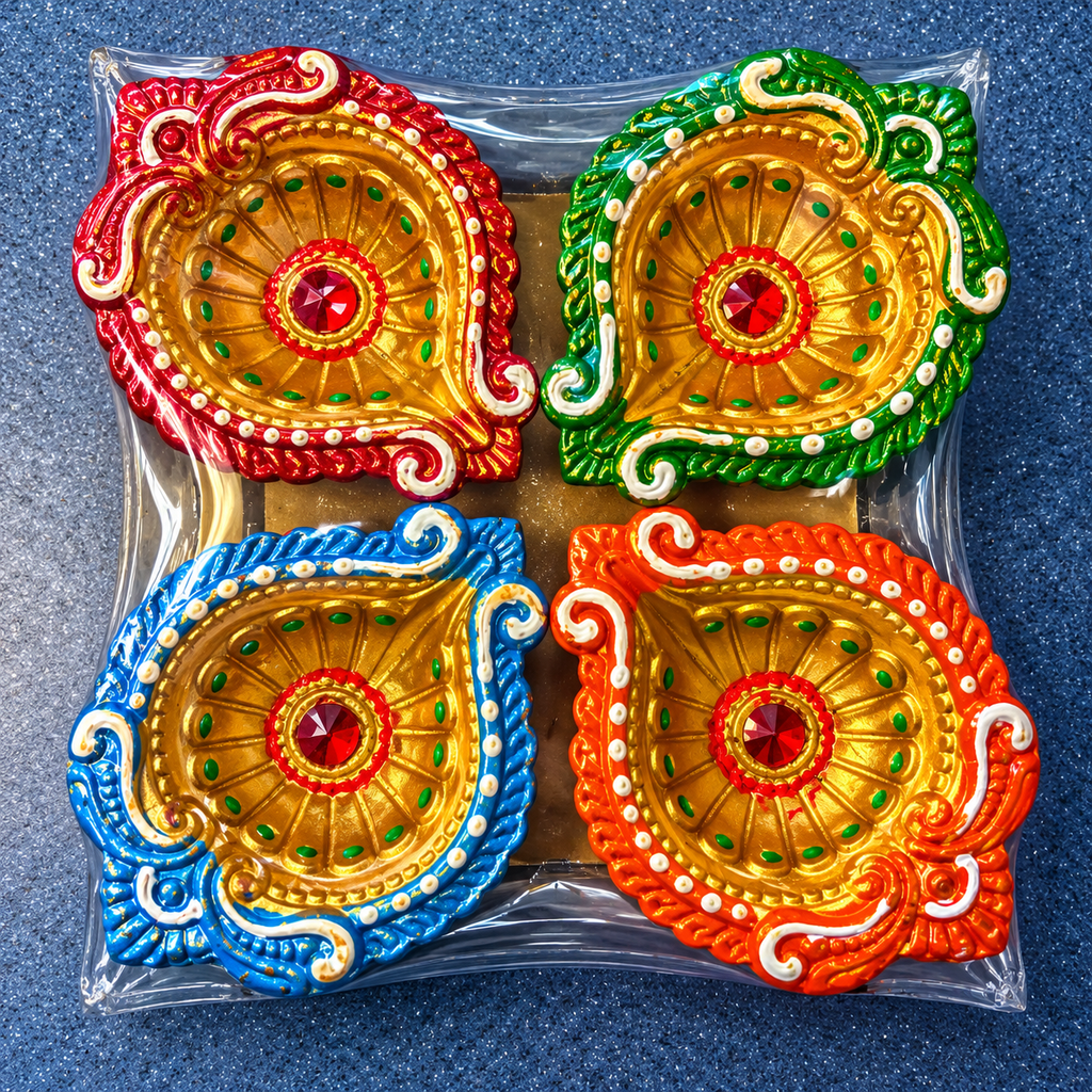 Decorative Diwali Diya Gift Set – 4 Gold-Toned Diyas with Multicoloured Borders 7