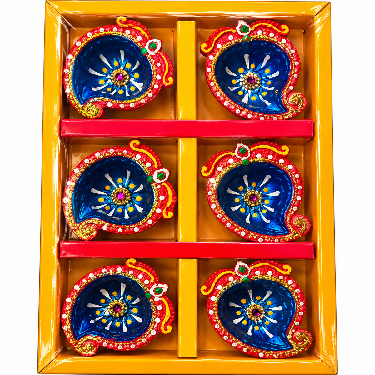Decorative Diwali Diya Gift Set – 6 Blue & Red Diyas with Gold-Toned Detailing 5