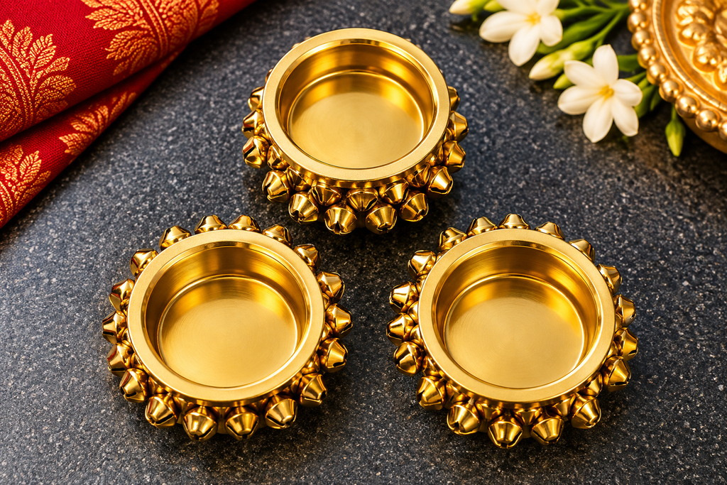 Gold-Tone Bell-Trim Pooja Bowls – Set of 3