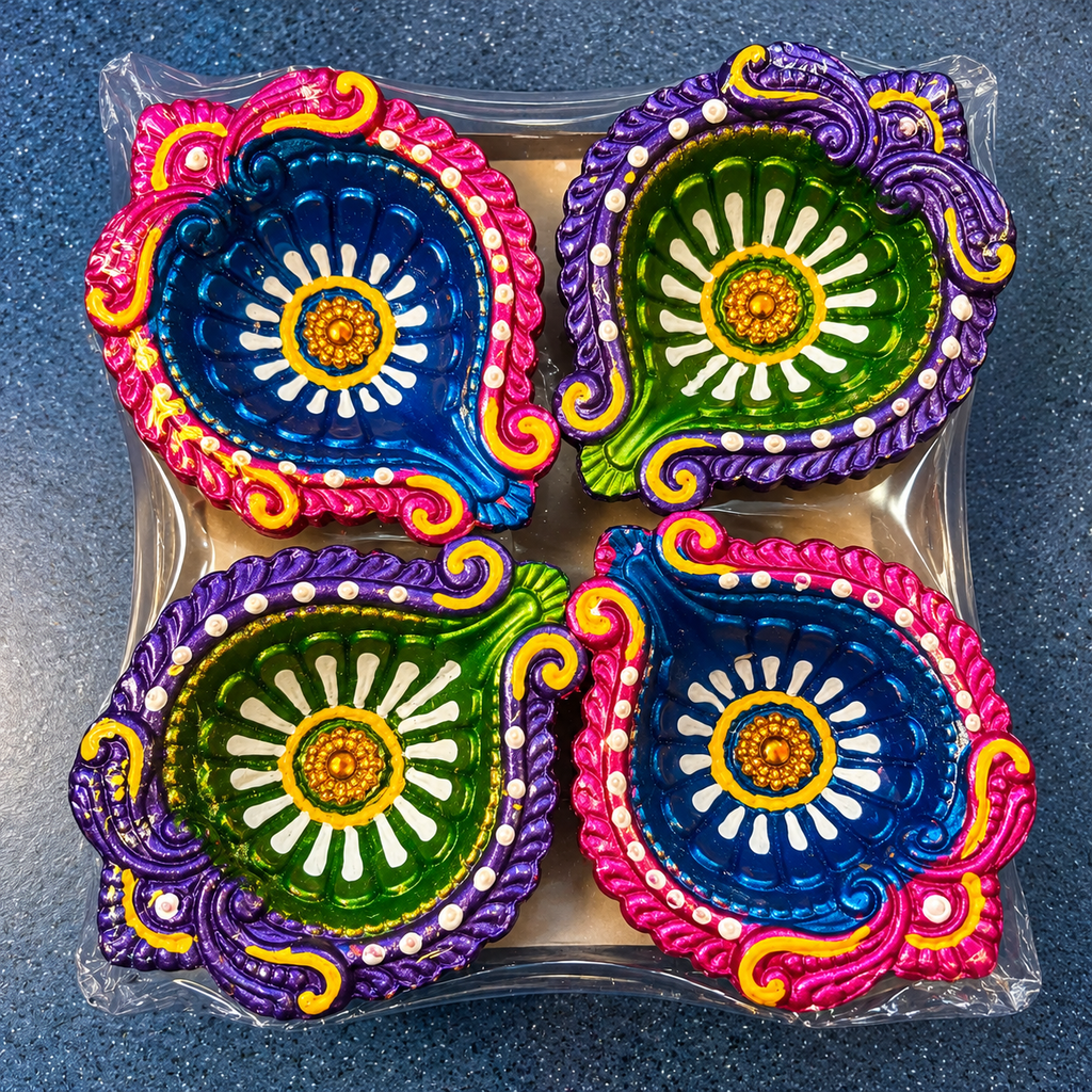 Decorative Diwali Diya Gift Set – 4 Multicoloured Diyas with Ornate Floral Detailing 6