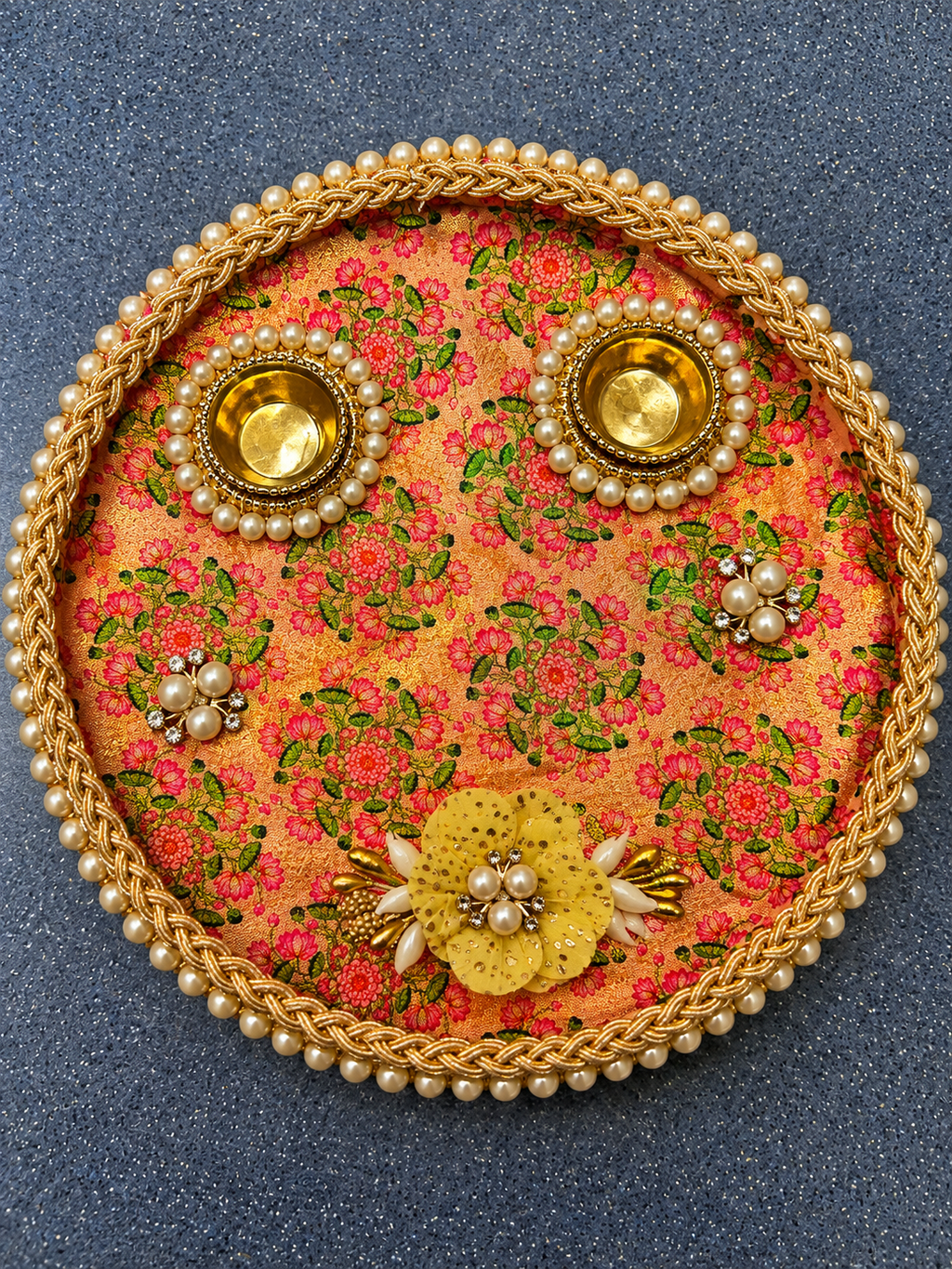 Floral Steel Pooja Thali with 2 Bowls & Pearl-Style Trim