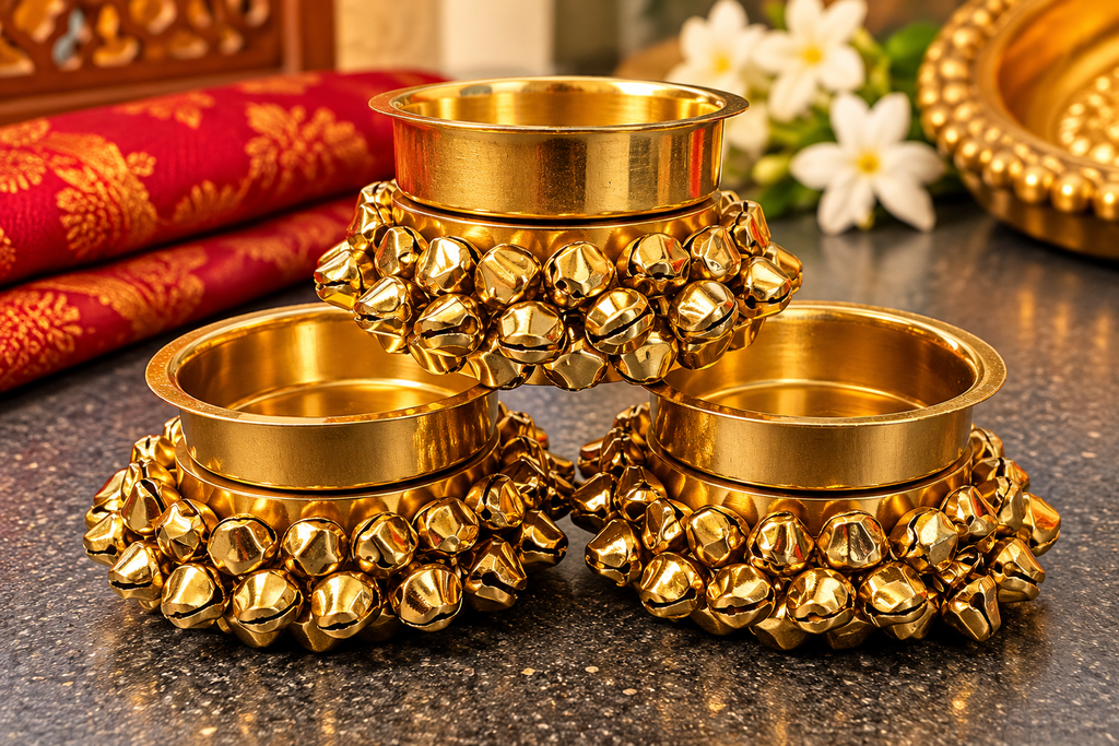 Gold-Tone Bell-Trim Pooja Bowls – Set of 3