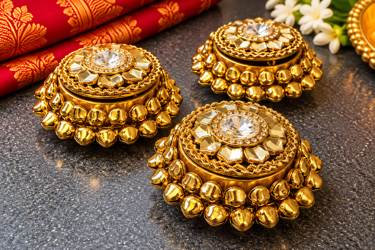 Gold-Tone Lidded Pooja Bowls with Bell Trim – Set of 3