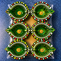 Decorative Diwali Diya Gift Set – 6 Green Diyas with Ornate Multicoloured Borders 9