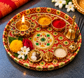Decorative Red & Gold Pooja Thali with Bowls