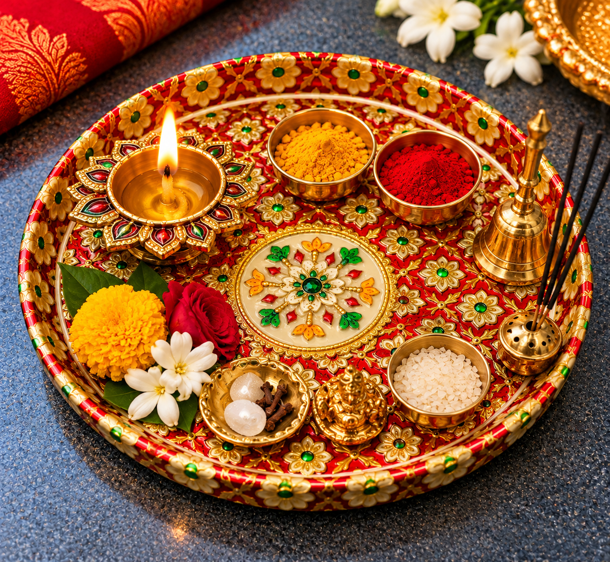 Decorative Red & Gold Pooja Thali with Bowls