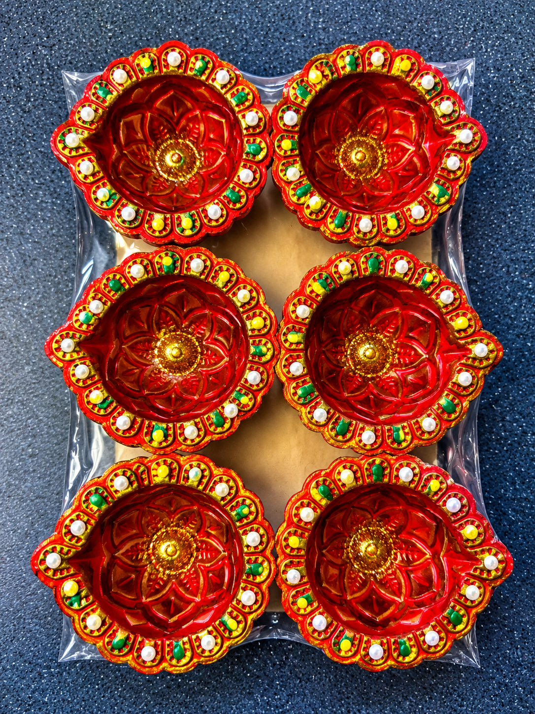 Decorative Diwali Diya Gift Set – 6 Red Lotus-Style Diyas with Gold-Toned Borders 13