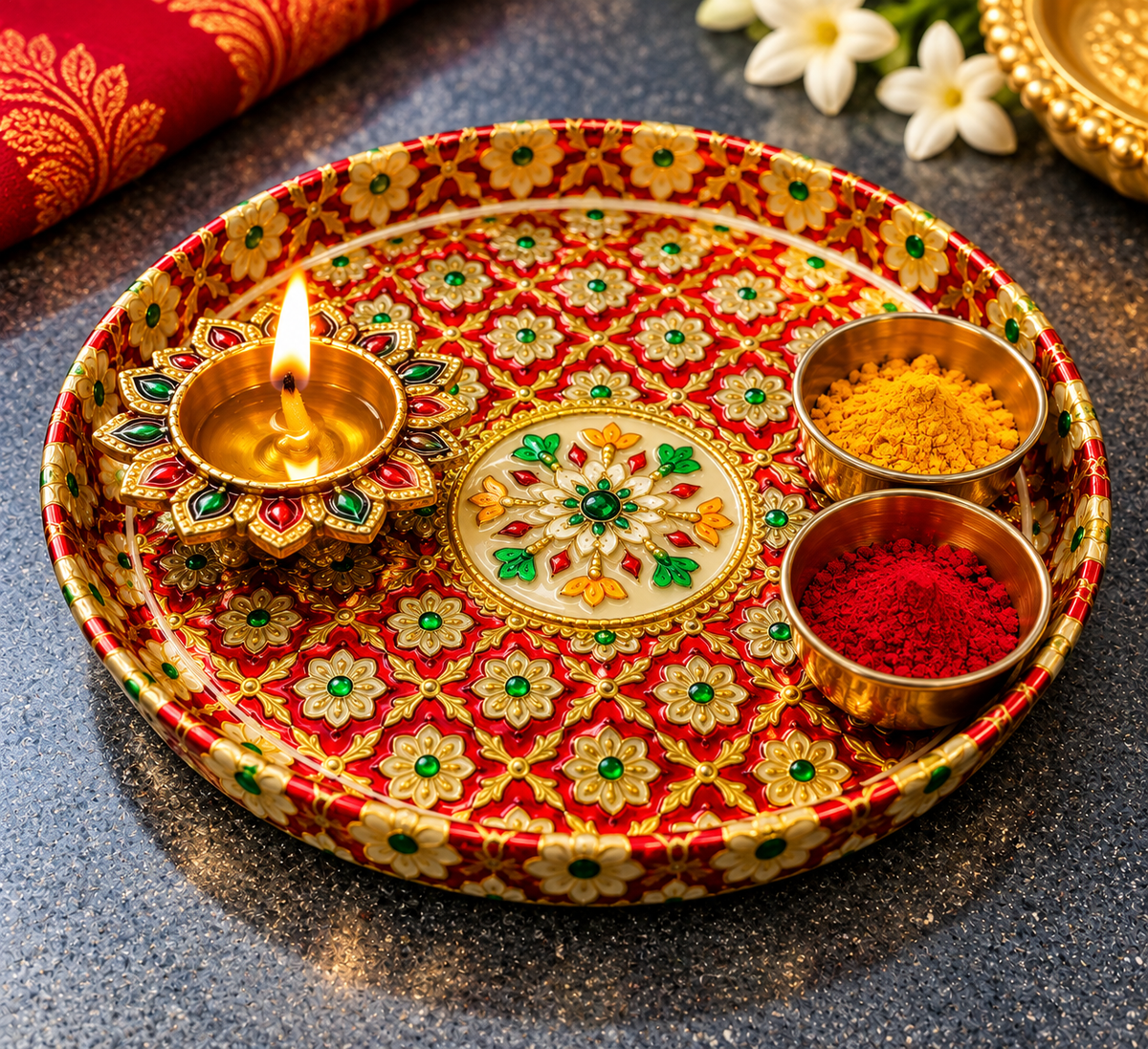 Decorative Red & Gold Pooja Thali with Bowls