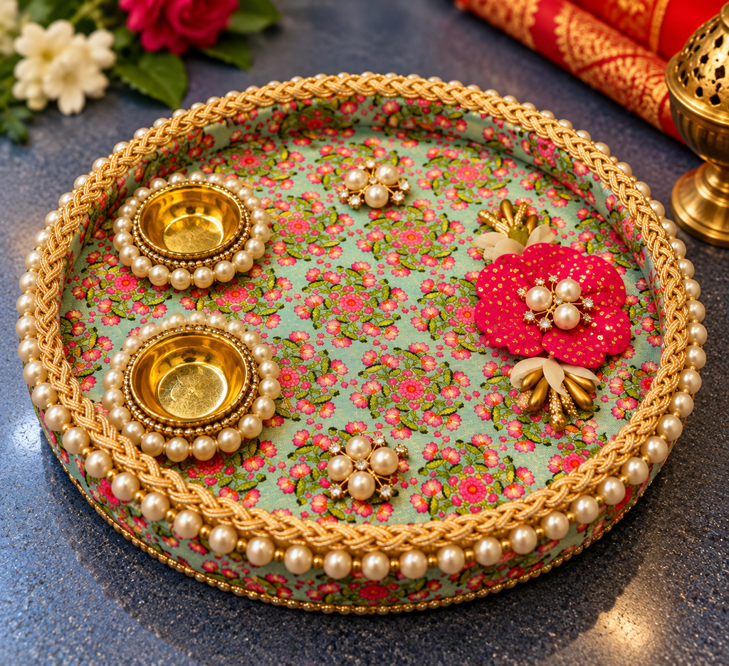 Mint-Green Floral Steel Pooja Thali with 2 Bowls