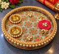 Mint-Green Floral Steel Pooja Thali with 2 Bowls