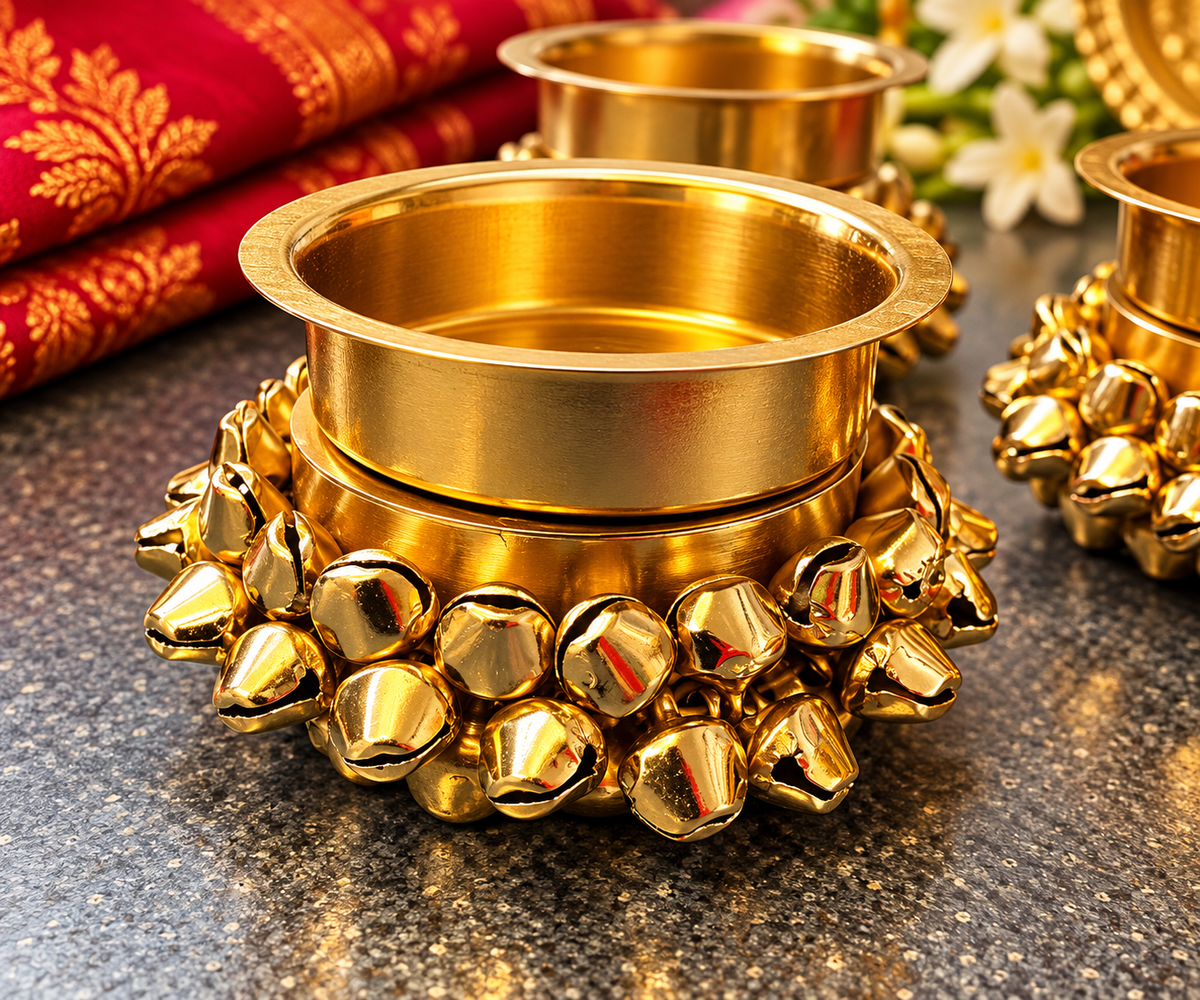 Gold-Tone Bell-Trim Pooja Bowls – Set of 3