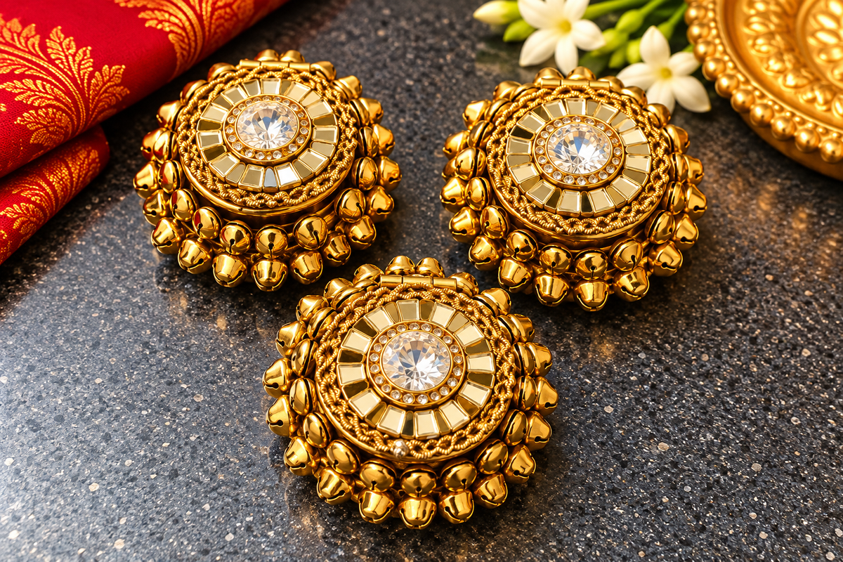 Gold-Tone Lidded Pooja Bowls with Bell Trim – Set of 3