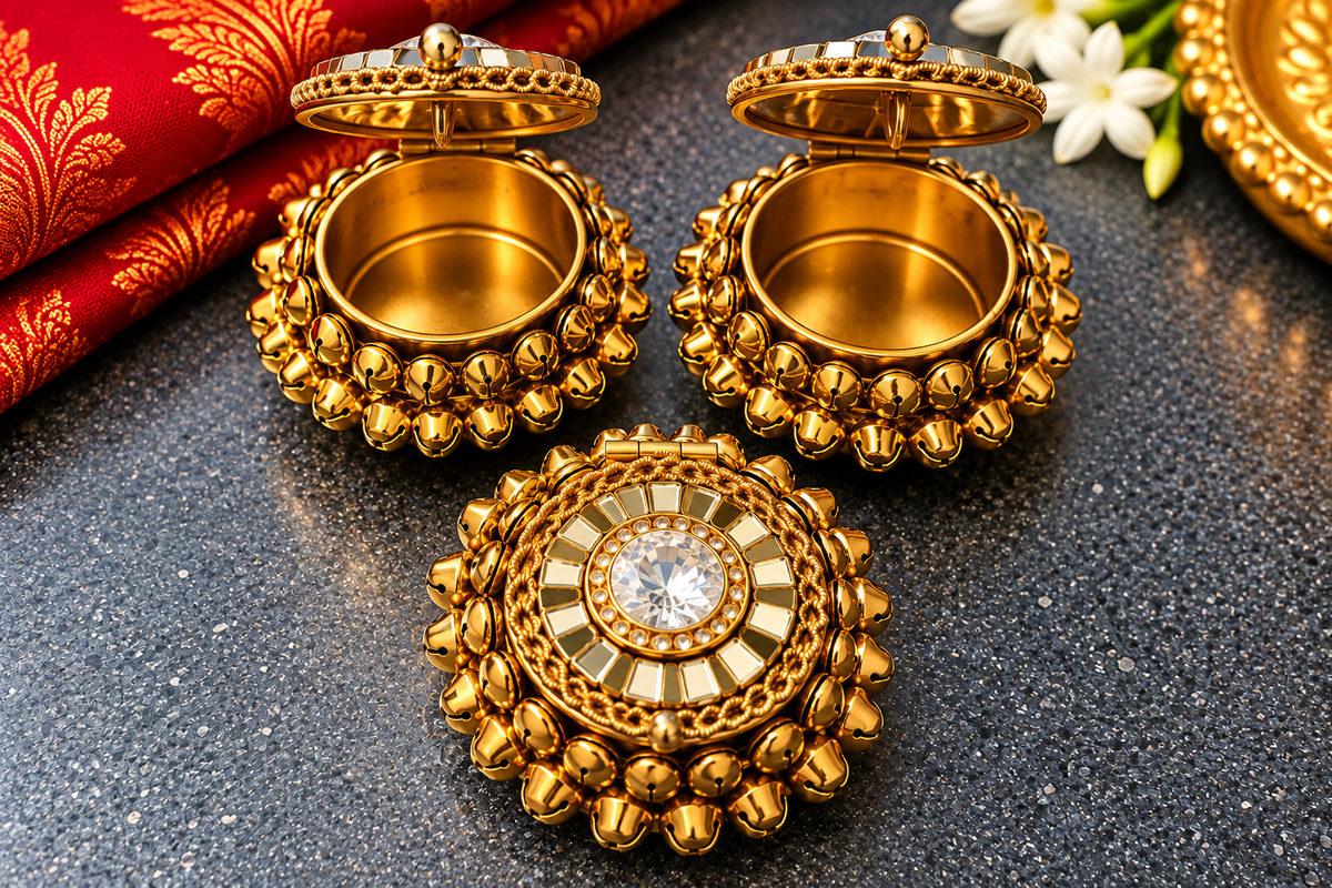 Gold-Tone Lidded Pooja Bowls with Bell Trim – Set of 3