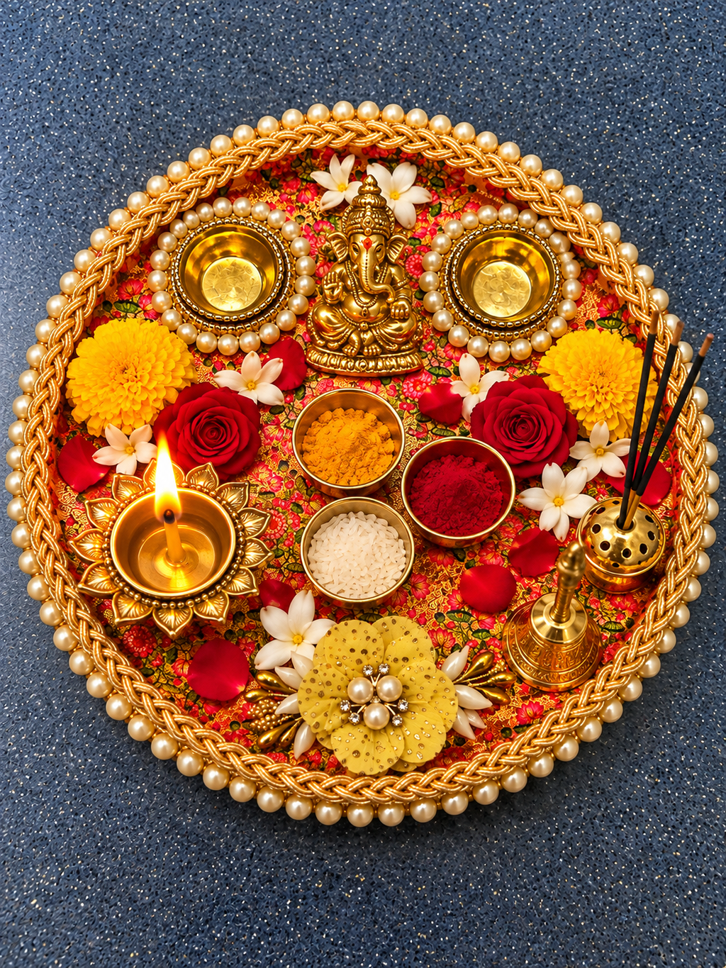 Floral Steel Pooja Thali with 2 Bowls & Pearl-Style Trim