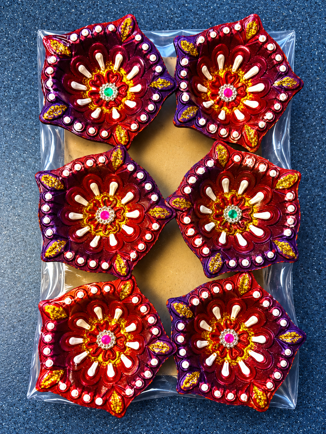 Decorative Diwali Diya Gift Set – 6 Red & Purple Flower-Shaped Diyas 12