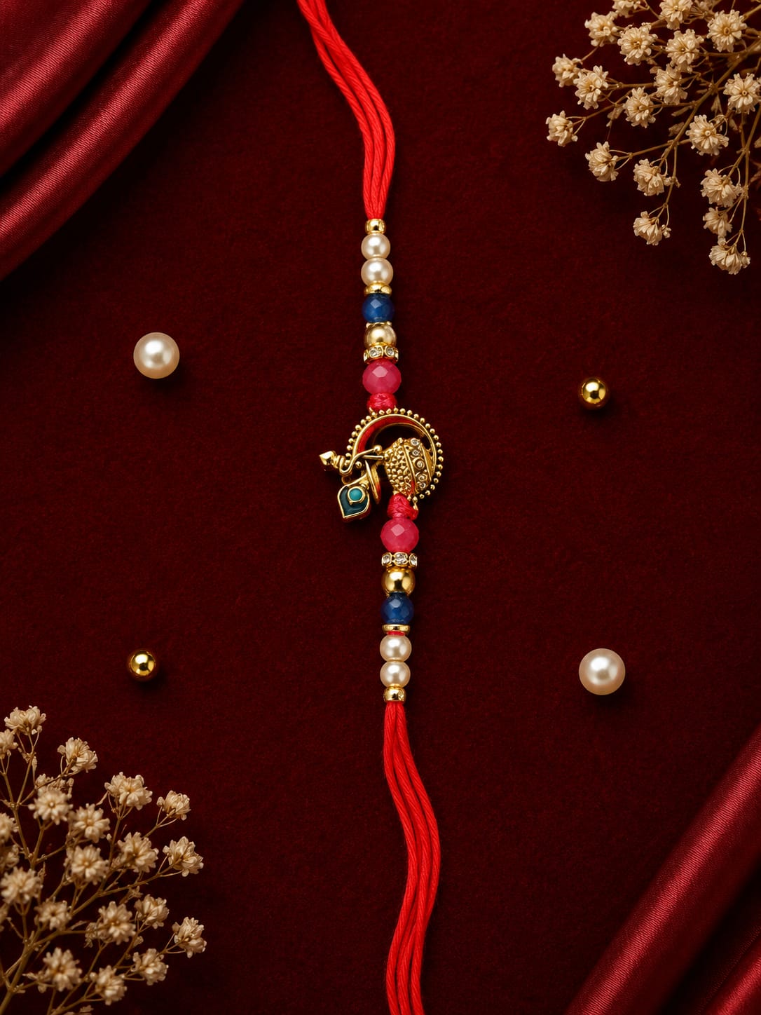 Antique Gold Krishna Handi & Peacock Feather Rakhi 23