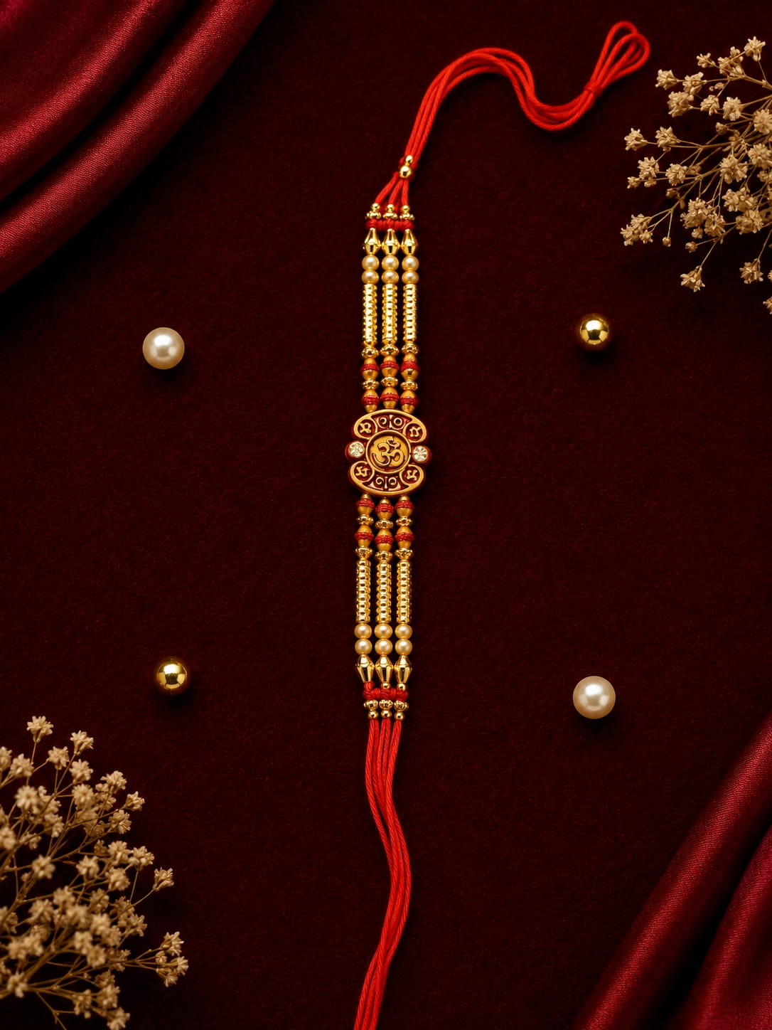 Premium Om Rakhi – Gold & Pearl Multi-Strand Rakhi 25