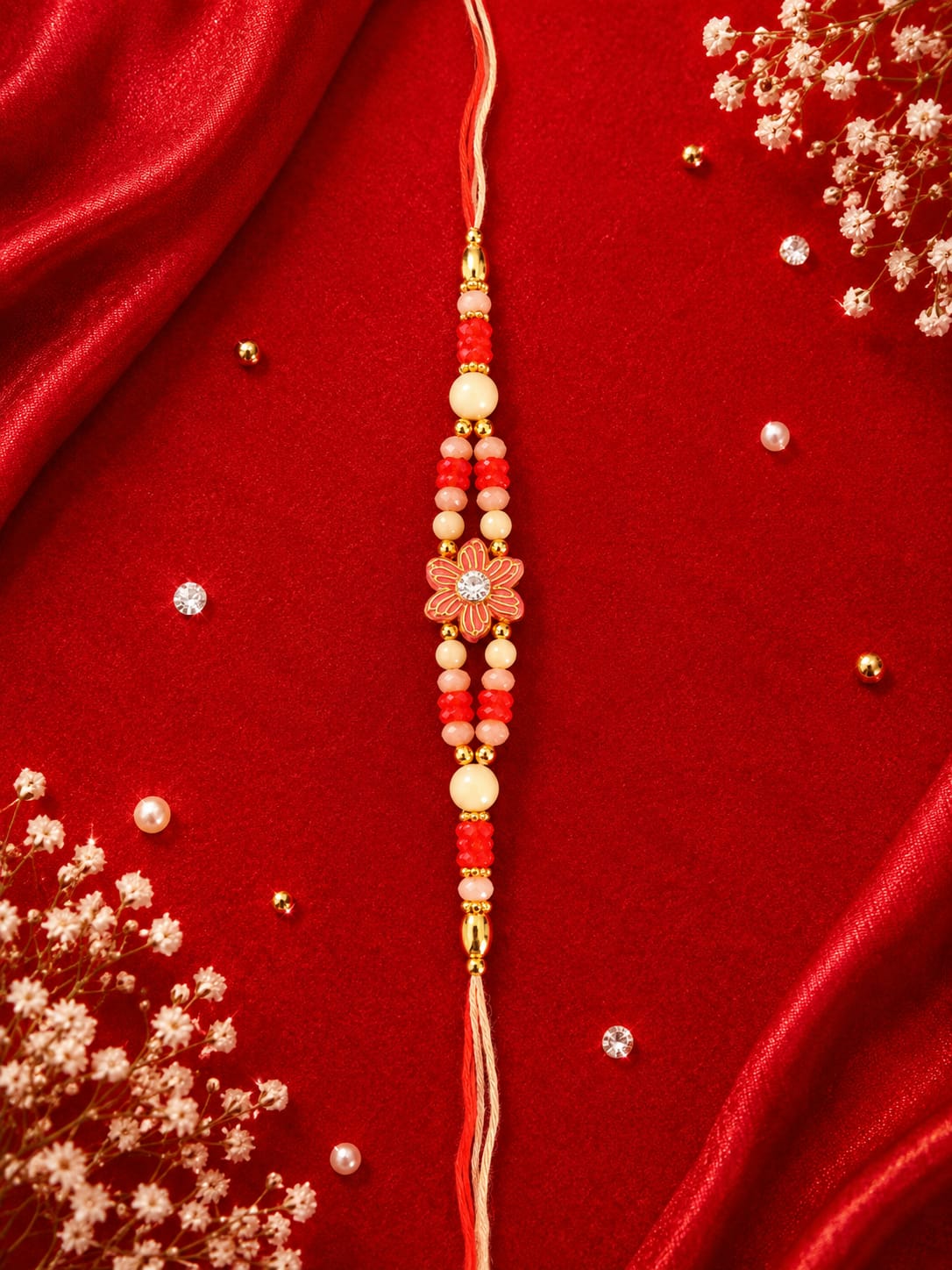 Red & Cream Floral Bead Rakhi 4