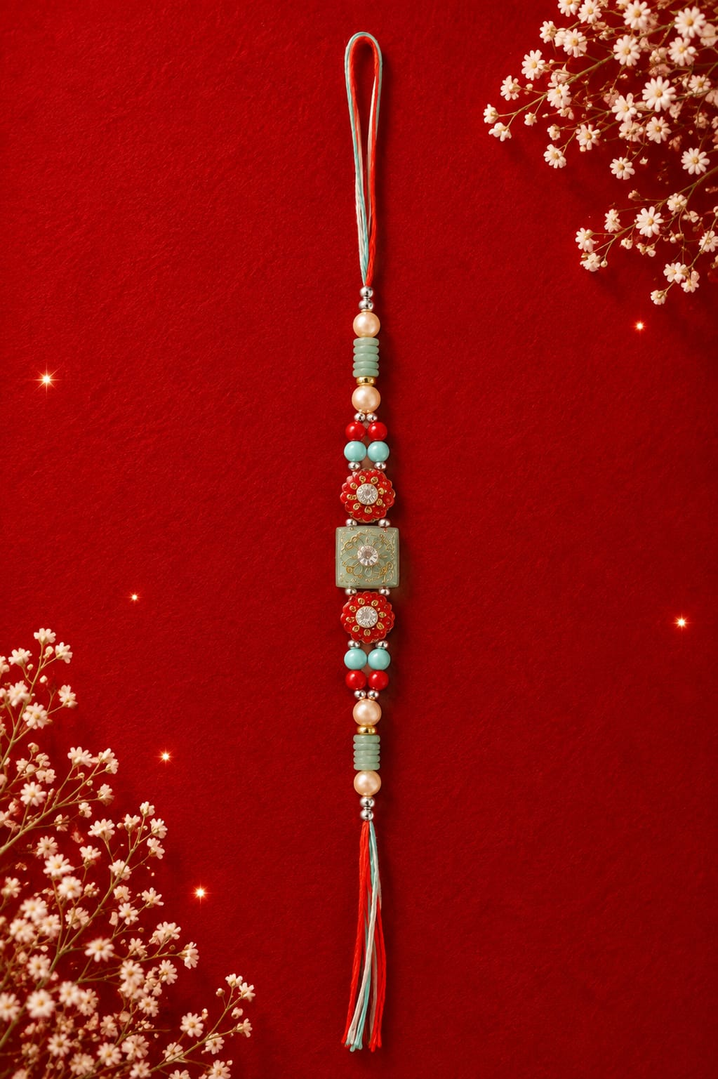 Red Teal & Rhinestone Rakhi 5