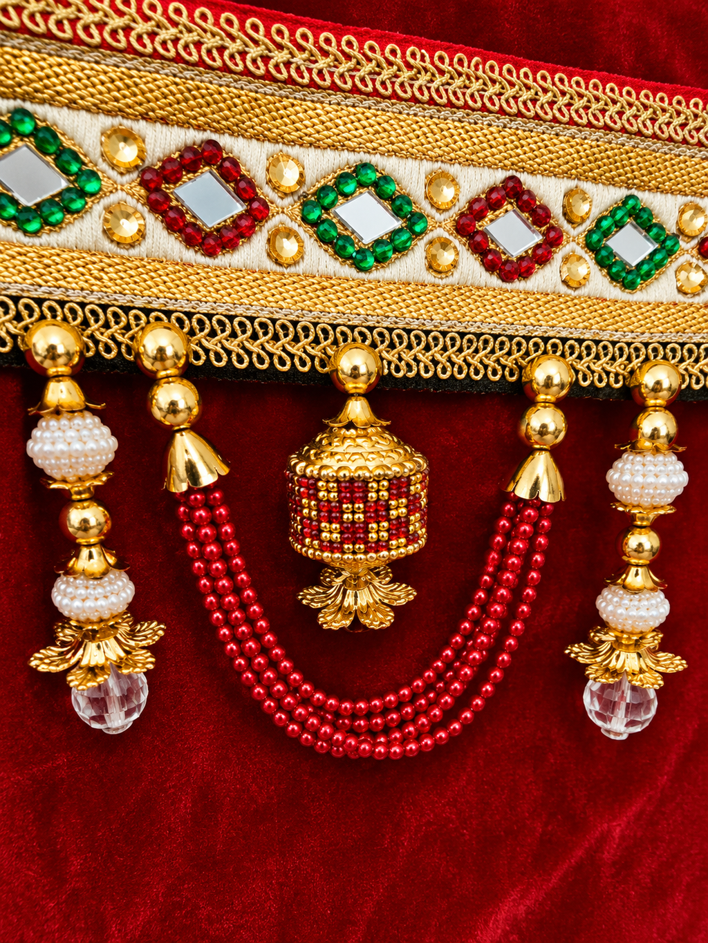Traditional Indian Red & Green Beaded Toran with Mirror Work | Diwali Door Hanging