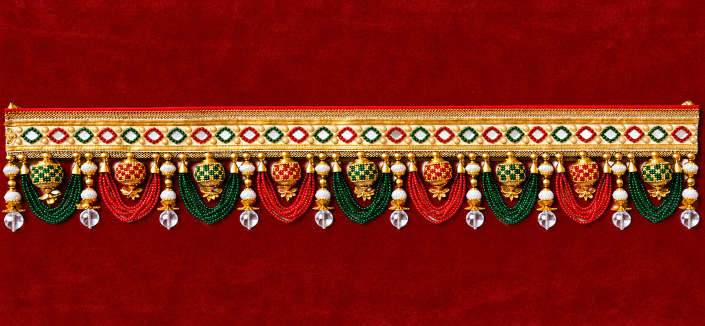 Traditional Indian Red & Green Beaded Toran with Mirror Work | Diwali Door Hanging