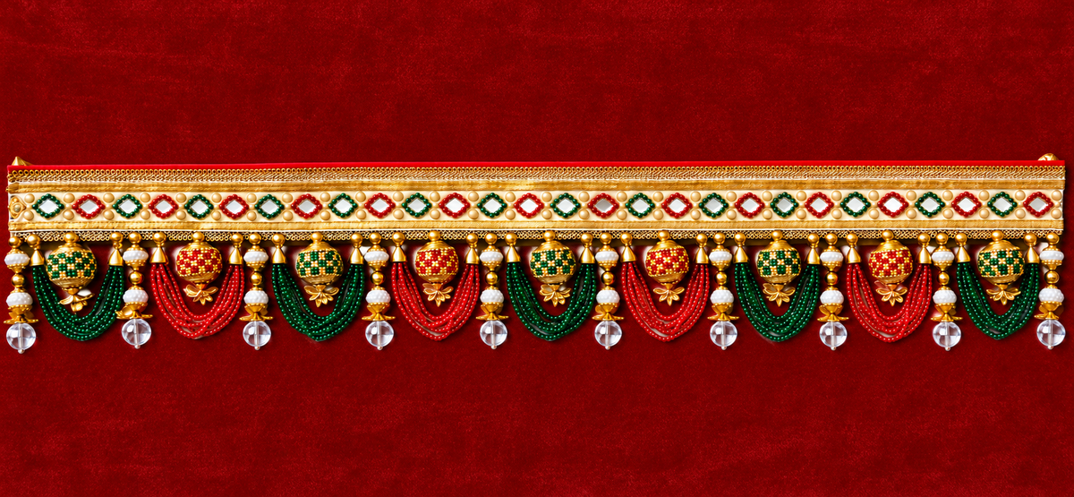 Traditional Indian Red & Green Beaded Toran with Mirror Work | Diwali Door Hanging