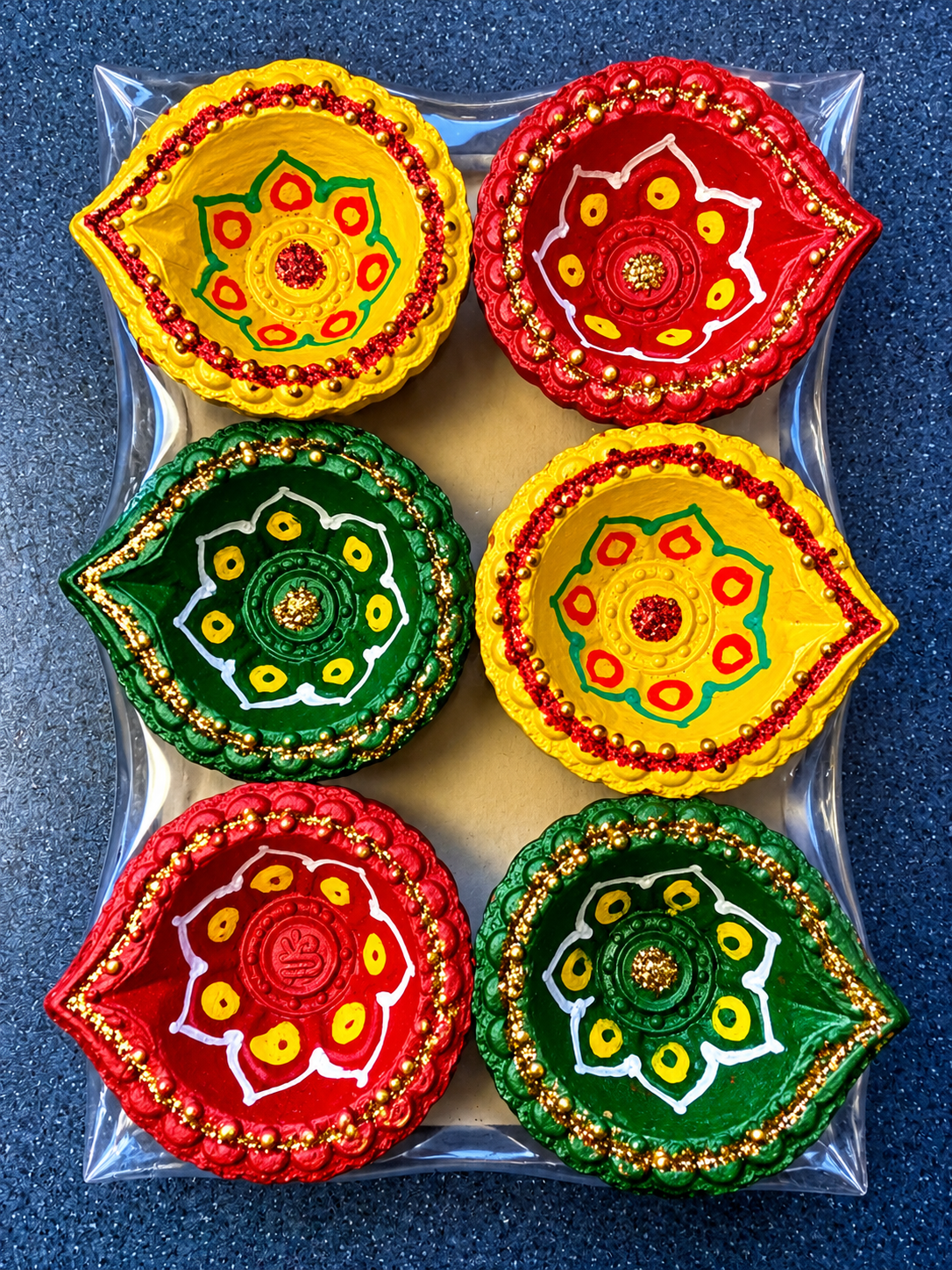 Decorative Diwali Diya Gift Set – 6 Red, Yellow & Green Floral Diyas 10