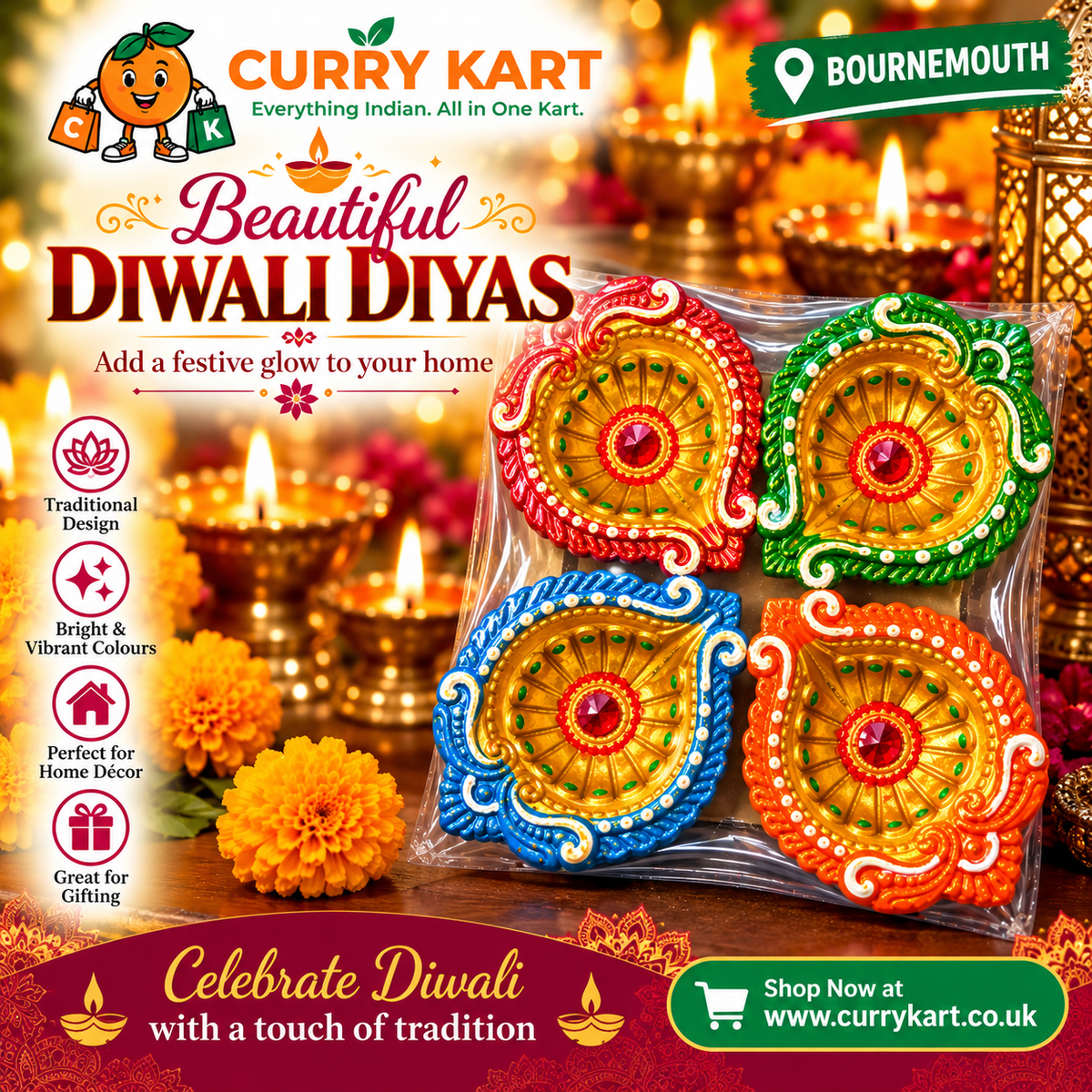Decorative Diwali Diya Gift Set – 4 Gold-Toned Diyas with Multicoloured Borders 7