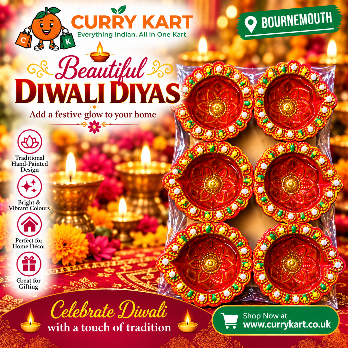 Decorative Diwali Diya Gift Set – 6 Red Lotus-Style Diyas with Gold-Toned Borders 13