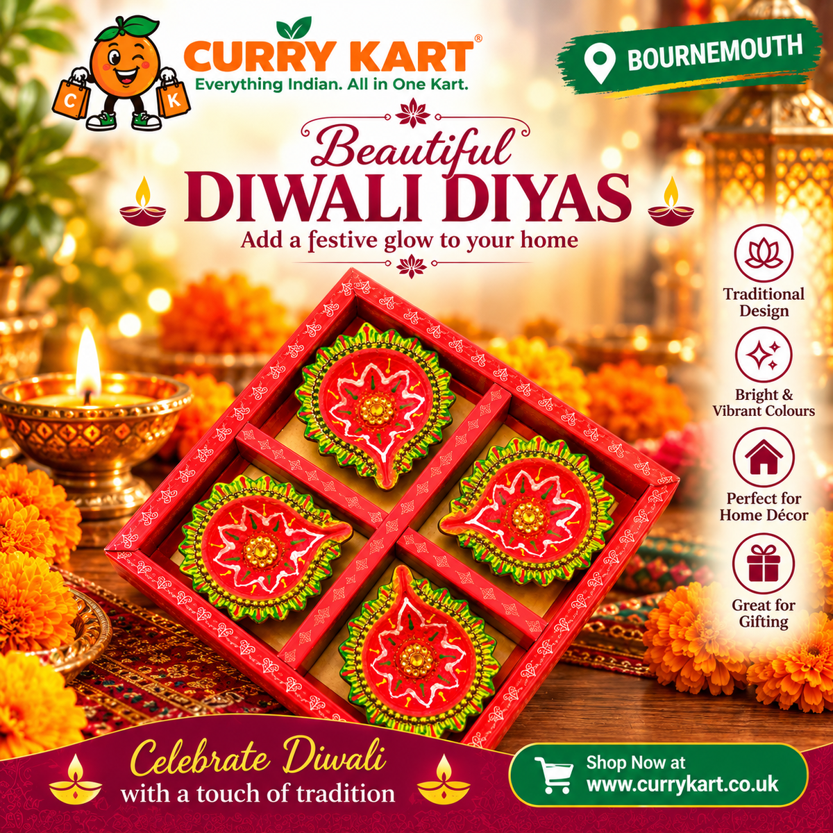 Decorative Diwali Diya Gift Set – 4 Red & Gold Diyas in a Diamond-Shaped Box 2