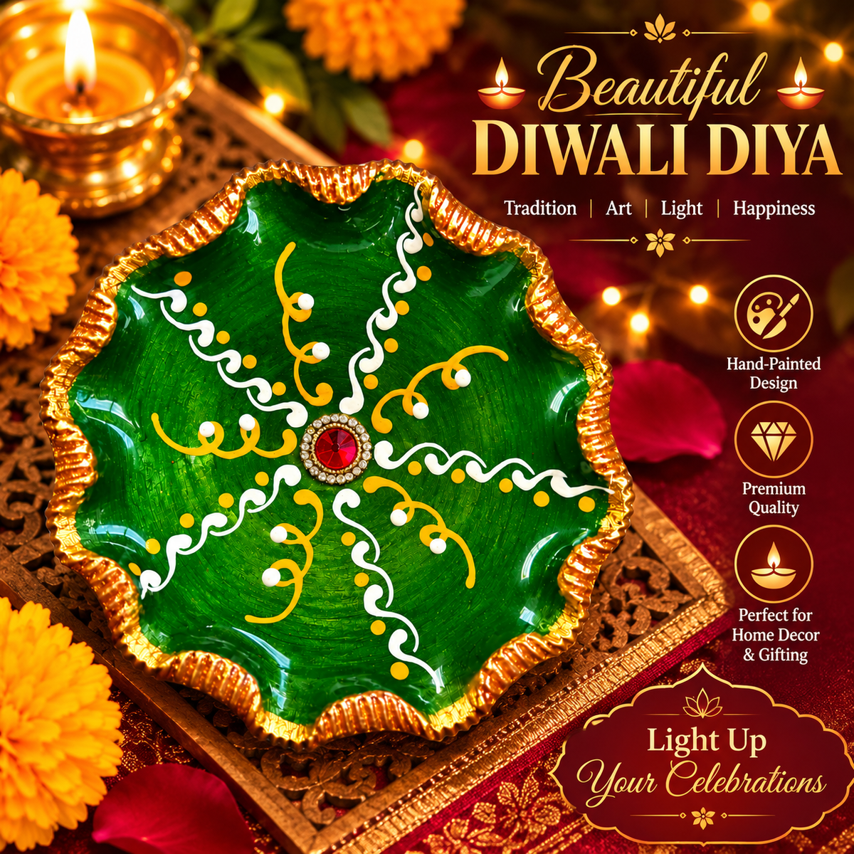 Decorative Diwali Plate – Green & Gold-Toned Scalloped Design with Jewel-Style Centre 16
