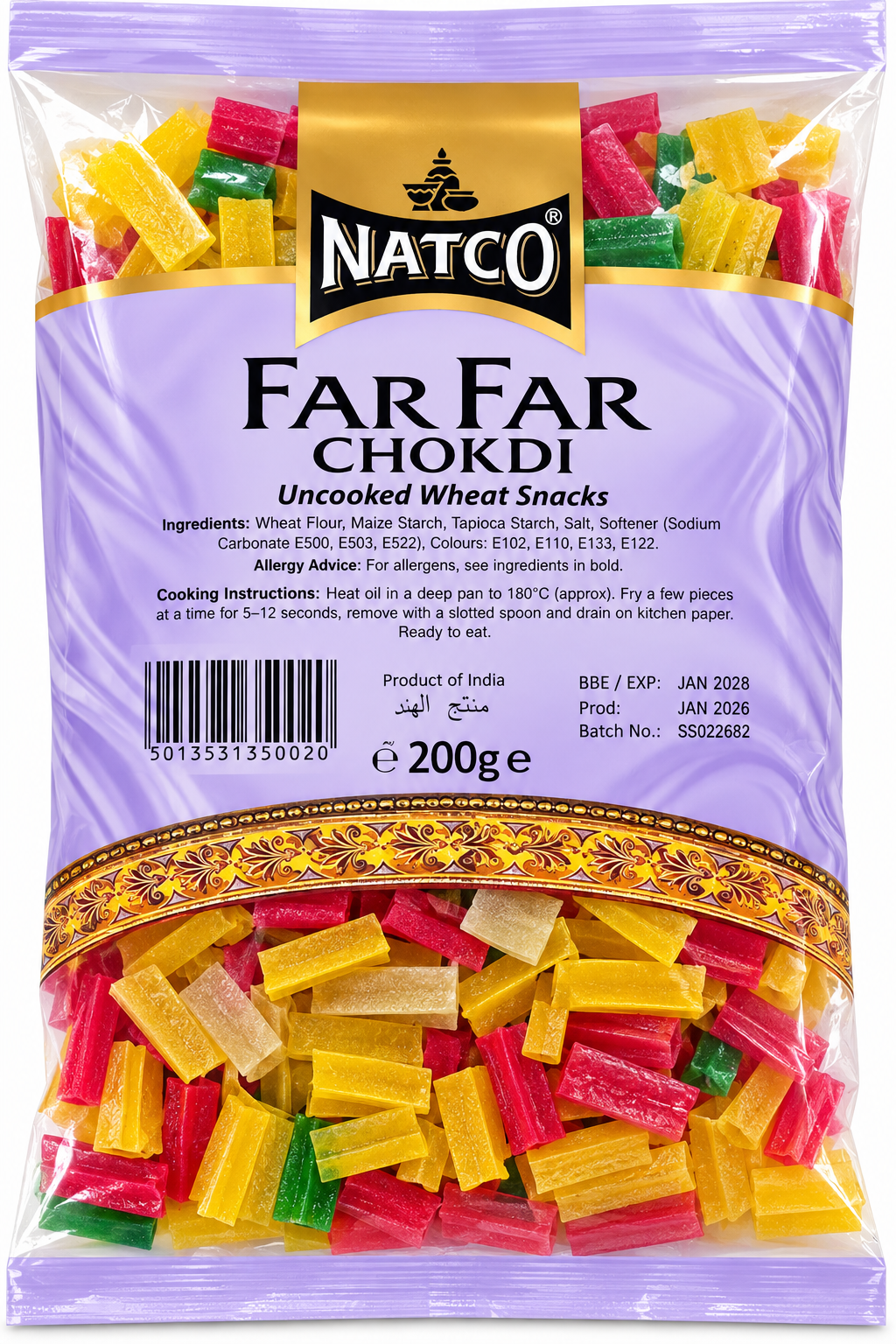 Natco Far Far (Chokdi) raw fryums, ready to deep fry until crisp
