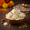 Fresh Khoya Mawa Indian milk solids in a brass bowl with pistachios, almonds and festive Indian decorations