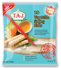 Taj 20 Vegetable Spring Rolls packet showing spring rolls, dipping sauce and red chopsticks