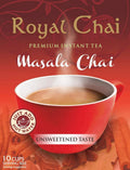 Royal Chai Masala Chai premium instant tea packaging featuring a red cup filled with tea, cinnamon sticks, and bold text on a warm red background.