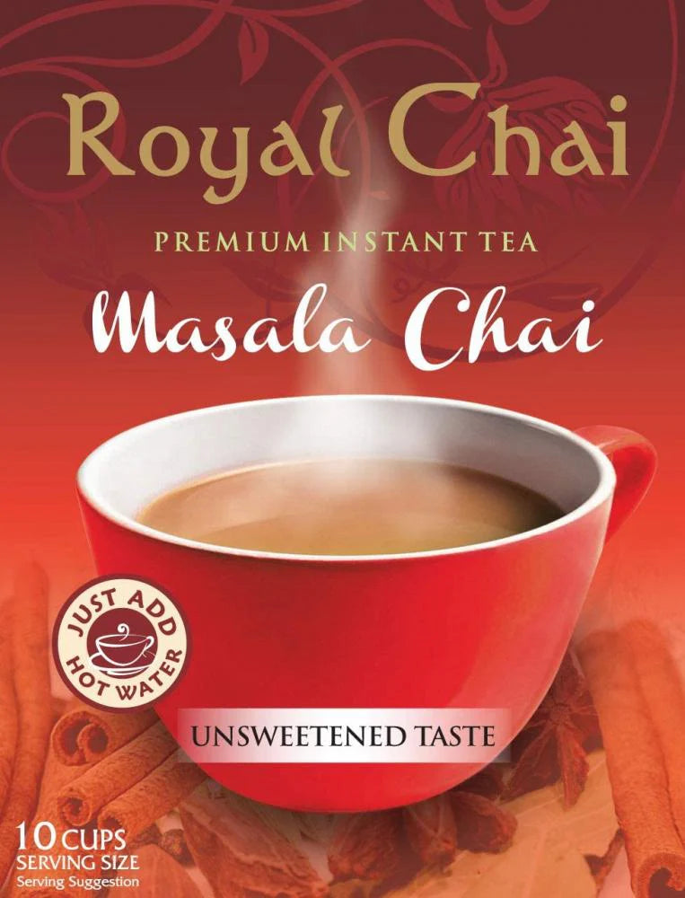 Royal Chai Masala Chai premium instant tea packaging featuring a red cup filled with tea, cinnamon sticks, and bold text on a warm red background.